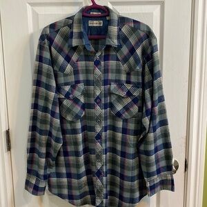 Vintage Genuine Roebucks Flannel Shirt XL Blue Plaid Pearl Snap Buttons Western